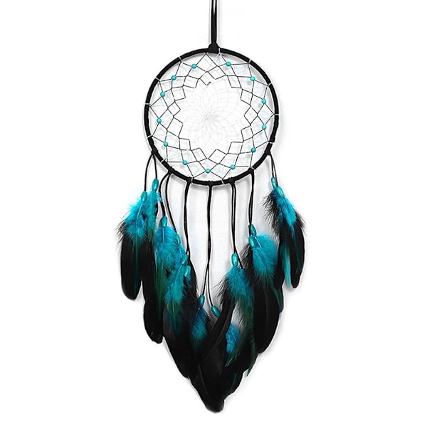 Drömfångare Blå Fjäder Hängande dekor Wind Chime Väggprydnad LED-ljusremsa Svart