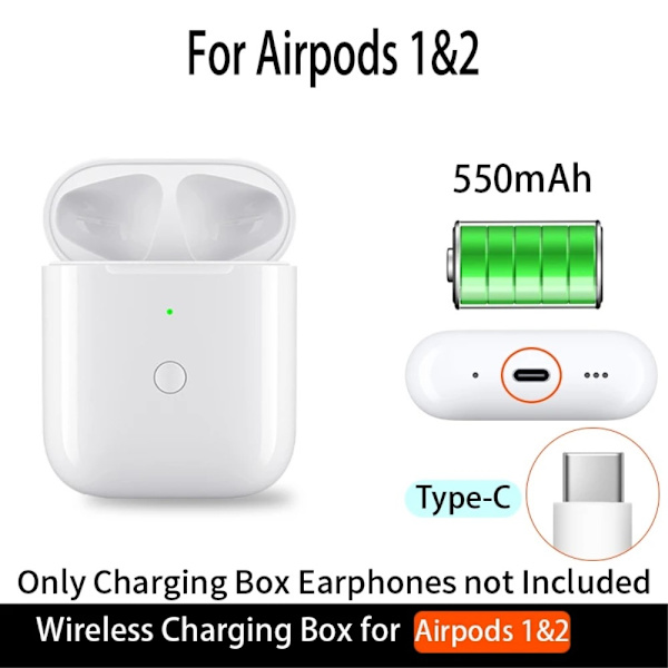 För AirPods 1/2 Ersättningsladdningsfodral Inbyggt 550mAh Batteri Vit