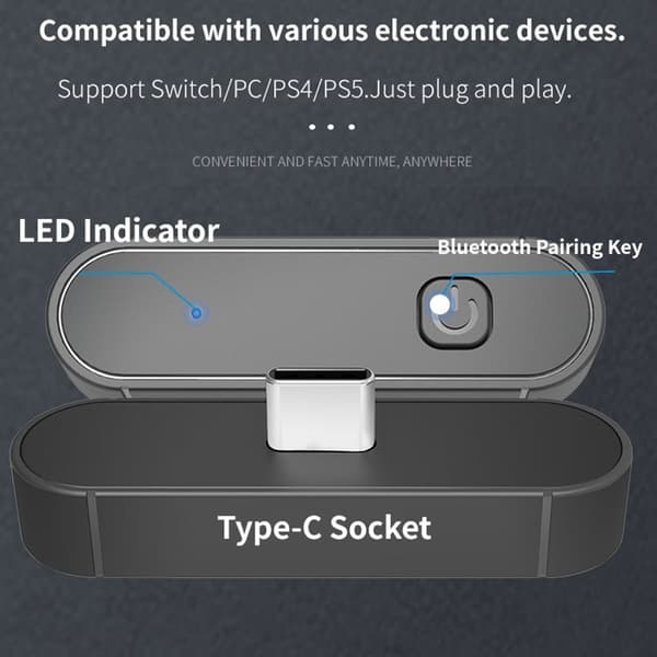Kompatibel med Nintendo Switch Lite PS4 PS5 Spillkonsoll Bluetooth - mottakersender Black