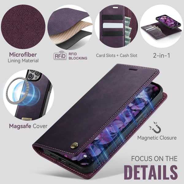 CASEME Til iPhone 15 Pro Max Lommebokdeksel Magnetisk Avtakbar RFID Beskyttelse - Coffee Purple