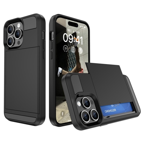 Til iPhone 15 Plus PC+TPU Telefoncover med Skydende Kortholder Black