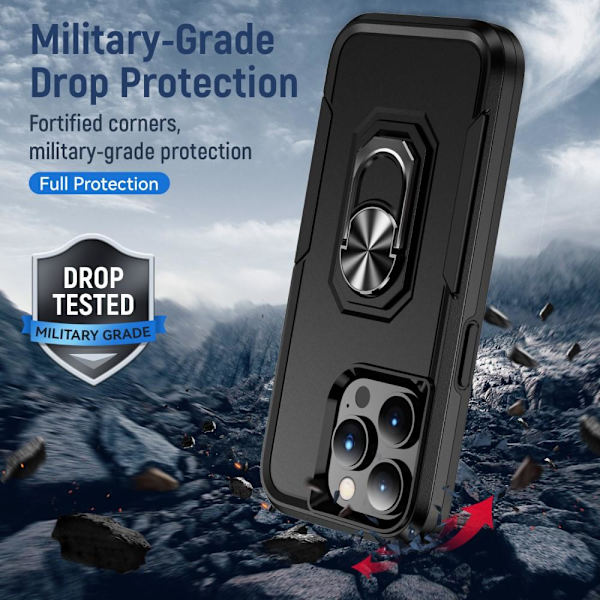 iPhone 15 Pro Max Hybrid skal med Finger Ring & Metall Plåt - Svart Svart