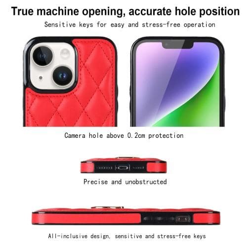 iPhone 14 Etui med Rutermønster på Bakdekselet, Ringstativ - Rød Red