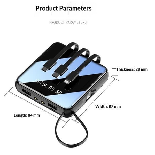 Kompakti varavirtalähde 10 000 mAh, 4-in-1-kaapeli, LED-taskulamppu, digitaalinen näyttö – punainen Red