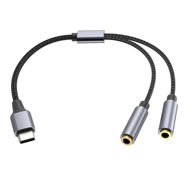25 cm USB-C till 3,5 mm Audio Splitter Kabel Hörlursadapter Svart