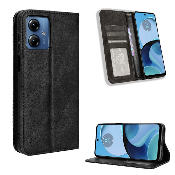 Motorola Moto G14 Stativ Telefonetui Fuld Beskyttelse Pung Cover - Sort Black