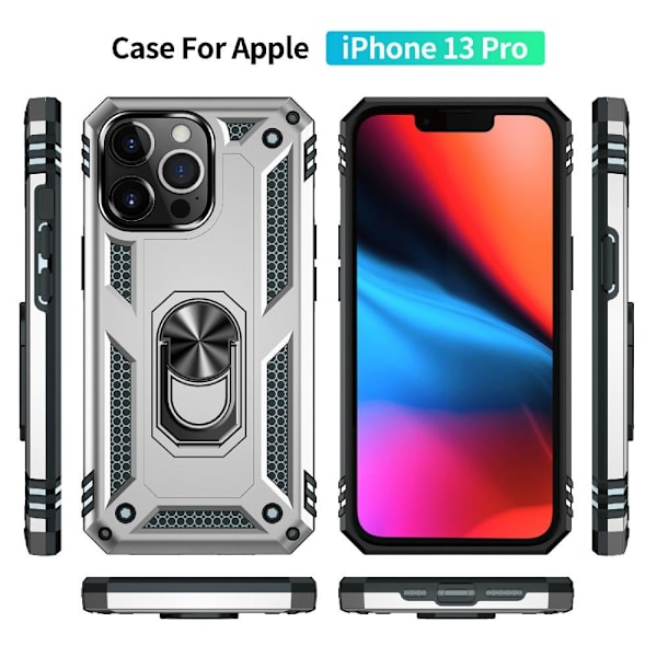 iPhone 13 Pro Finger Ring Kickstand Hybrid Case - Silver Silver