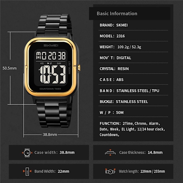 SKMEI Vattentät Digital Armbandsur Klocka Belysning Stoppur - Guld+Svart+TPU Guld