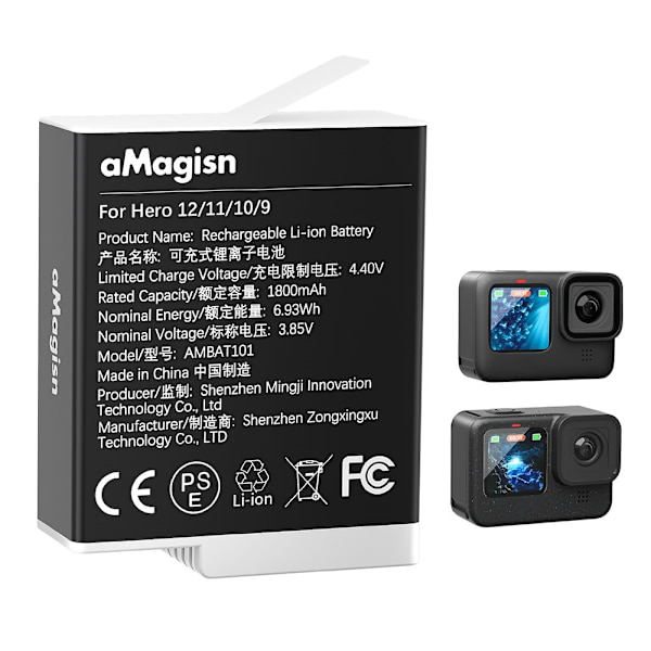 Akku AMAGISN for GoPro Hero 12/11/10/9 3,85V 1800mAh ladattava Li-Ion Black