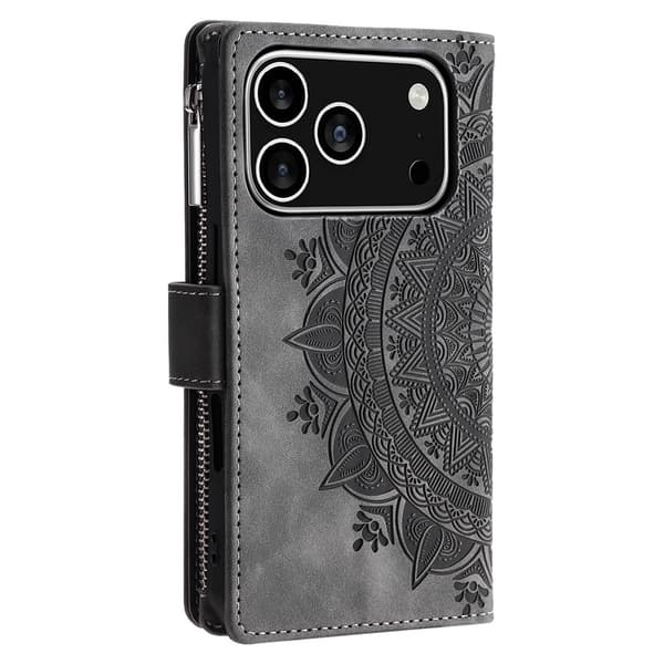 Plånboksfodral kompatibelt med iPhone 17 Pro , Fodral Skal Mandala blommönster - Grå grå
