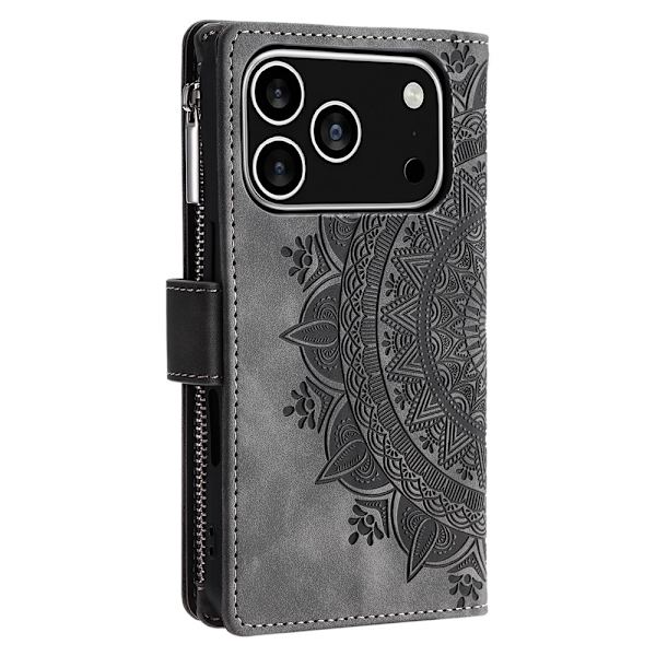 Pungetui kompatibelt med iPhone 17 Pro cover etui mandala blomstermønster - Grå Grey