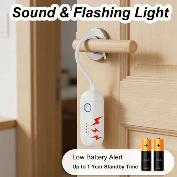 Door and Window Alarm 130 dB – Sound and Flashing Light – Door Handle Alarm White