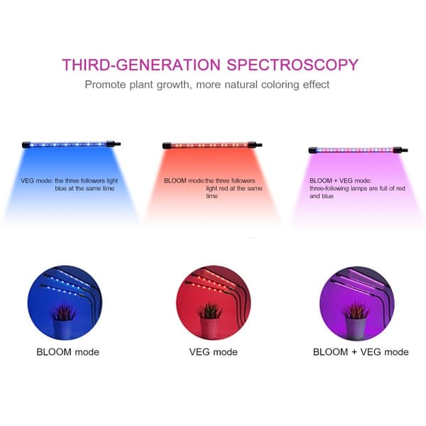 3 hoved Grow Light 60 LED - pærer Plantedyrkning Auto ON/OFF Green