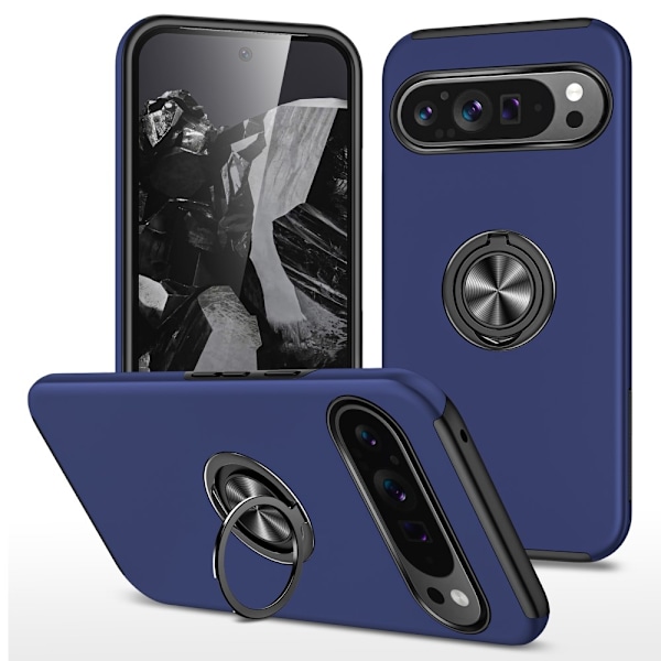 Til Google Pixel 9 / Pixel 9 Pro Fingerring Kickstand Hybrid Taske Blue