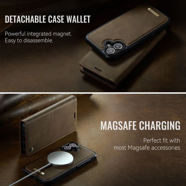 CASEME Til iPhone 17  Lommebokdeksel Magnetisk Avtakbar RFID Beskyttelse - Coffee Brown