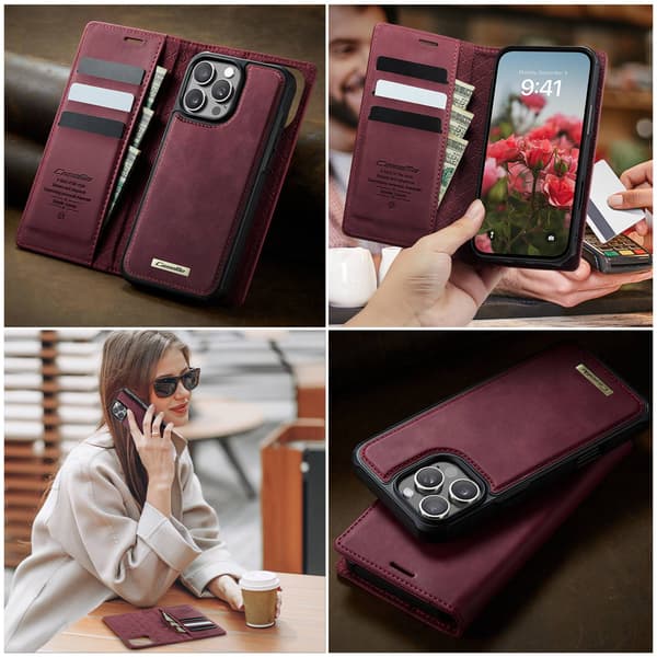 CASEME Til iPhone 16 Pro Lommebokdeksel Magnetisk Avtakbar RFID Beskyttelse Red