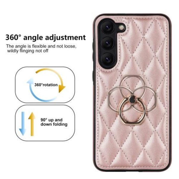För Samsung Galaxy S23 Rhombus Grid Mönster Skal FingerRing - Rose Gold Rosa guld