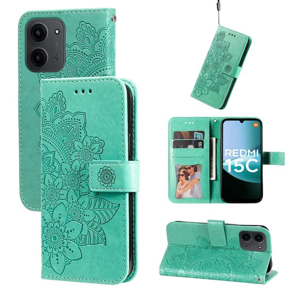 Xiaomi Redmi 15C Jalustakotelo Mandala Lompakkokotelo Green