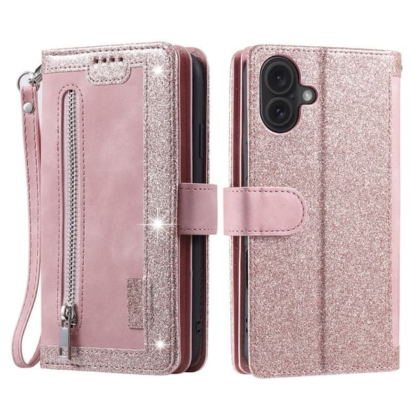 Fodral Kompatibelt med iPhone 17 Fodral med Dragkedja och 9 Kortplatser - Rosa Rosa