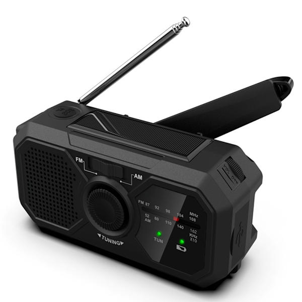Väder AM / FM Radio Solar Handvev 1200mAh PowerBank ficklampa Svart