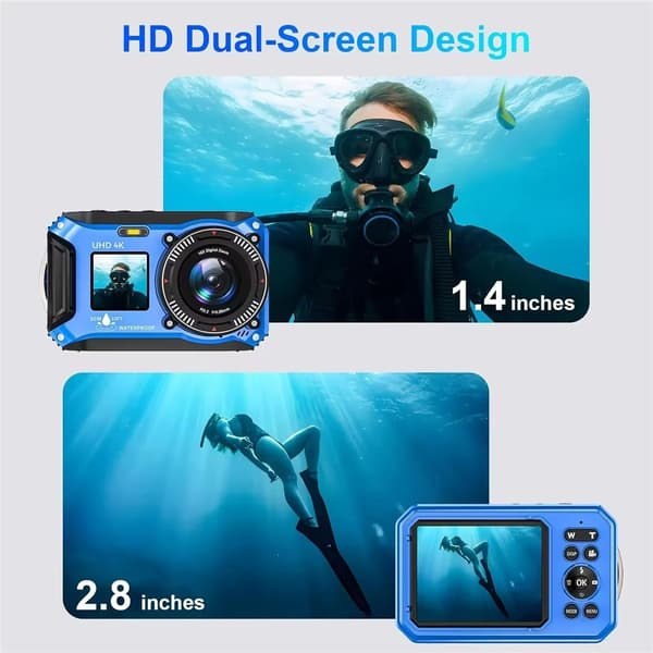 10M Vandtæt Kamera 2 Batterier 4K UHD 56MP 2.8 + 1.4" Undervandskamera Blue