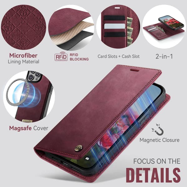 CASEME Til iPhone 15 Pro Lommebokdeksel Magnetisk Avtakbar RFID Beskyttelse Red
