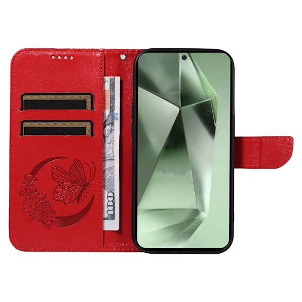 Til Samsung Galaxy S24 FE Etui Stand Tegnebog Etui Sommerfuglemønster Red