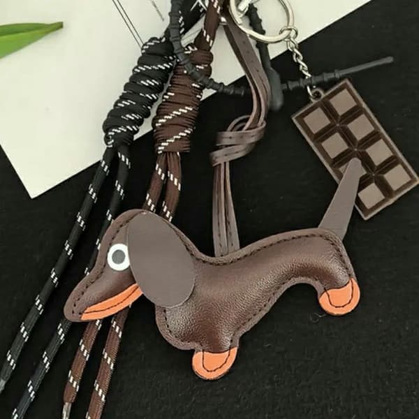 Dachshund Keychain Chocolate Charm Strap PU Bag Charm for Handbag Brun