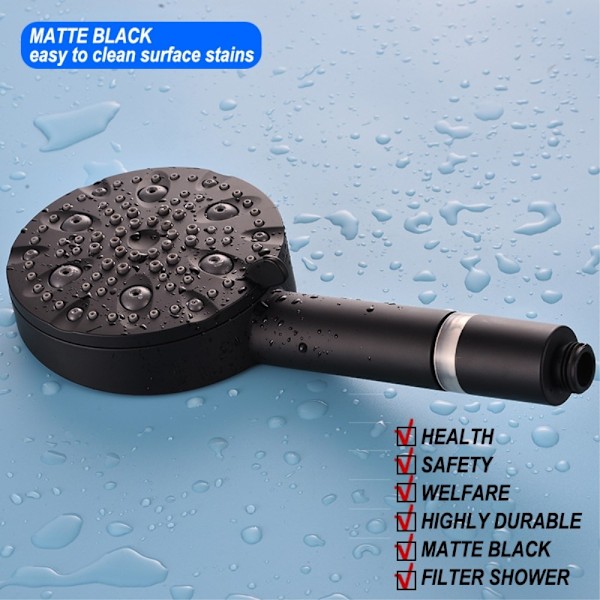 Vandbesparende 10 positioner Håndholdt brusehoved filter rustfri stålslange Bruser Black