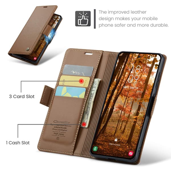Till Samsung Galaxy A37 5G CASEME plånboksfodral med stativ och litchitextur brun