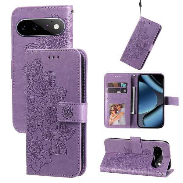 Kukkakuvioinen puhelimen lompakkokotelo Google Pixel 11 Pro ja Google Pixel 11 Purple