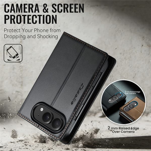 CASEME Glanset telefonlommebokdeksel med litchi tekstur til iPhone Duo Black