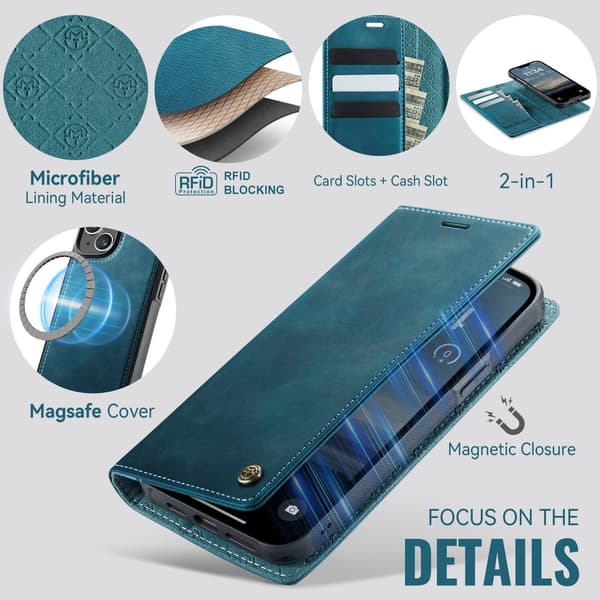 CASEME Til iPhone 15 Lommebokdeksel Magnetisk Avtakbar RFID Beskyttelse Blue