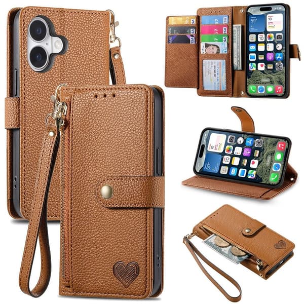 For iPhone 17 Skal RFID-blockering Dragkedjeficka Plånboksfodral med Rem - Brun Brun