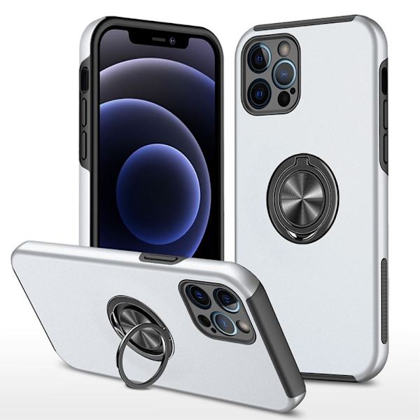iPhone 14 Pro Finger Ring Stativ Hybrid Etui - Sølv Silver