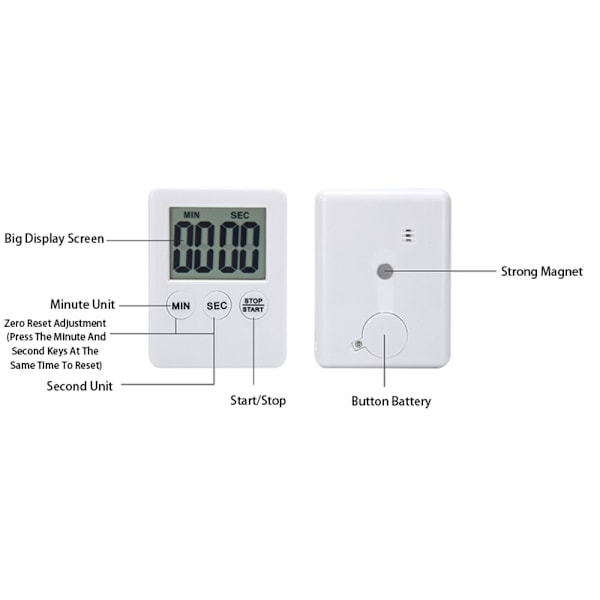 Tynd Køkken Timer Timer Storskærm Digital Magnetisk Nedtælling - Sølv Silver