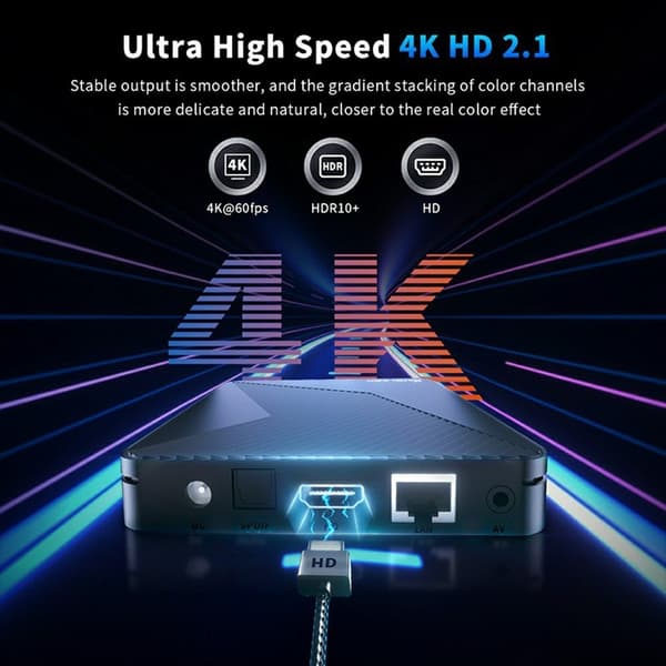 TV-box 4+32 GB Android 14 4K HDR10+ WiFi 6 Bluetooth 5.0 röststyrd fjärrkontroll Svart