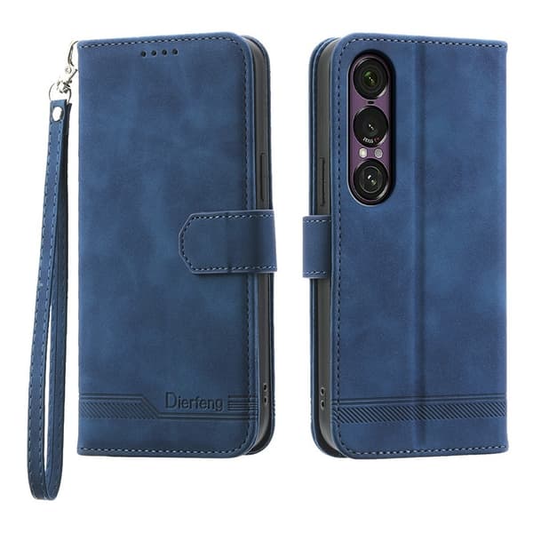 DIERFENG For Sony Xperia 1 VII Wallet Case with Stand and Wrist Strap Blue