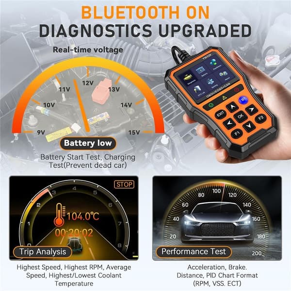 OBD2-diagnoseskanner for bil med Bluetooth, sanntidsdata og batteritester Black