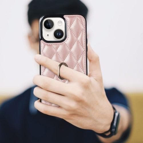 iPhone 14 - kotelo Rhombus Grid Pattern Takakannen Rengastuki - Ruusukulta Pink gold