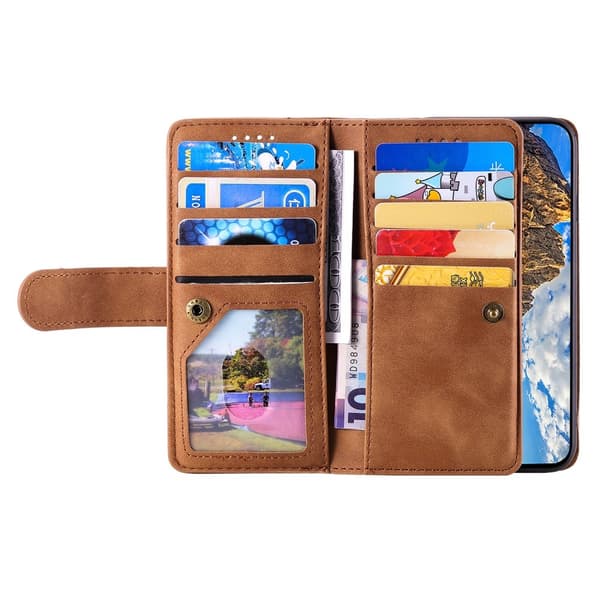 Til iPhone 17e / 16e Etui med Lynlåslomme og 9 Kortlommer Brown
