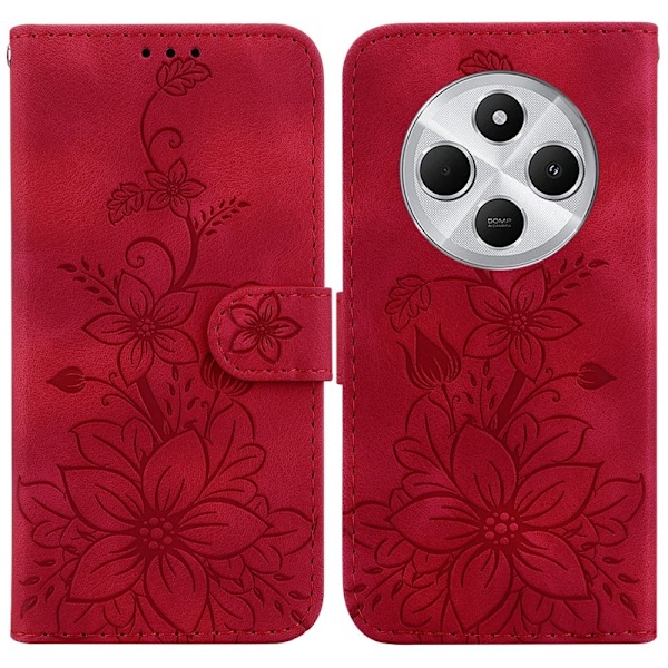 Xiaomi Redmi 14C 4G Suojakuori Lily Flower Imprint Nahkainen Puhelinsuojus Jalustalla Red