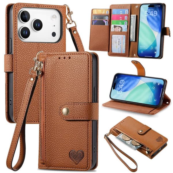 For iPhone 17 Pro Cover RFID-blokering Lynlåslomme Tegnebogsetui med Rem Brown