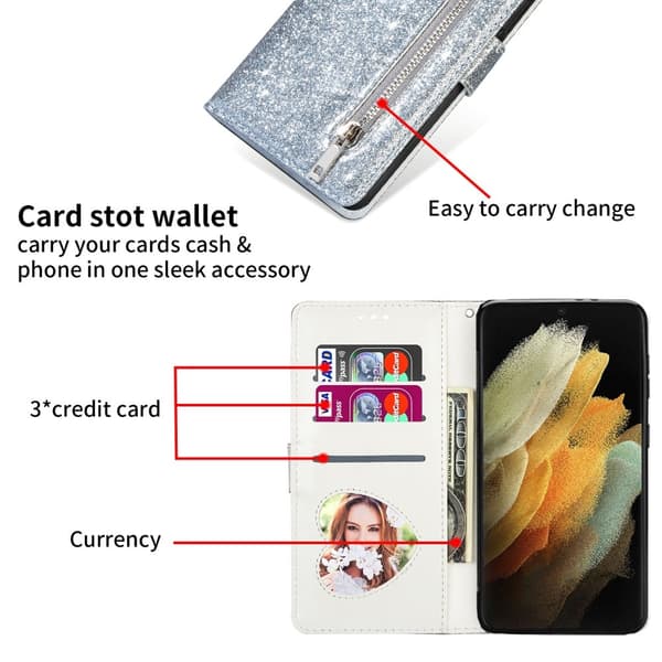 Til Samsung Galaxy S25 Ultra Stående Glittercover med Lynlåslomme - Sølv Silver