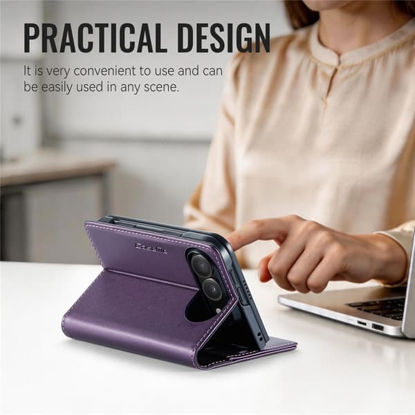 CASEME Glansigt telefonplånboksfodral med litchitextur till iPhone Duo Lila
