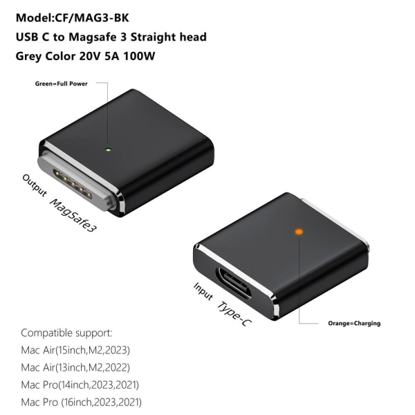 MacBookille MagSafe 3 USB-C naarasmagneettinen 100 W lataussovit Grey