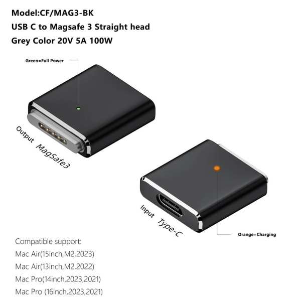 MagSafe 3 USB-C hona magnetisk 100W laddning adapter för MacBook grå