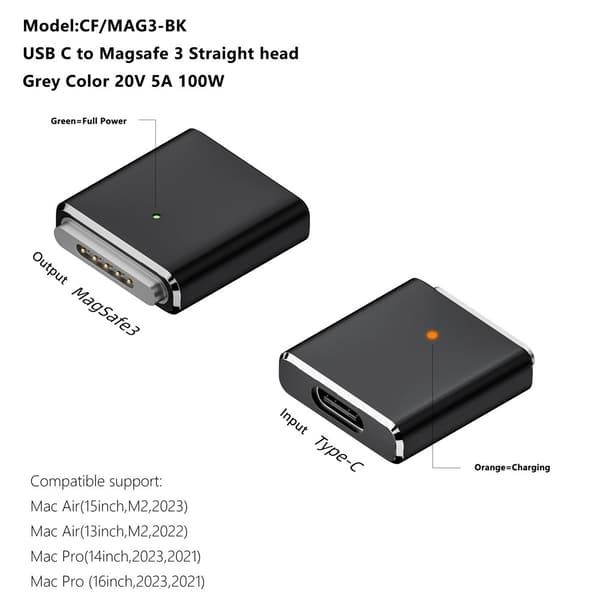 MagSafe 3 USB-C hunn magnetisk 100W ladeadapter MacBook Grey