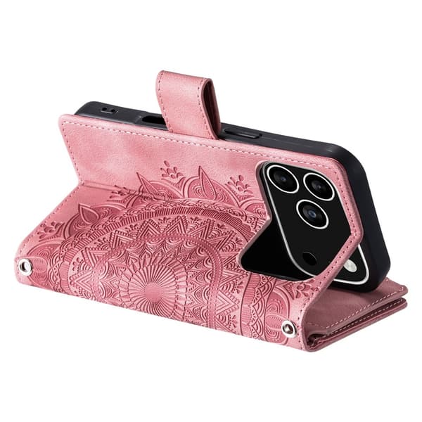 Plånboksfodral kompatibelt med iPhone 17 Pro , Fodral Skal Mandala blommönster - Grå Rosa