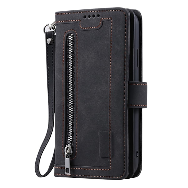 Til Samsung Galaxy S25 5G Etui med Lynlåslomme og 9 Kortlommer Black